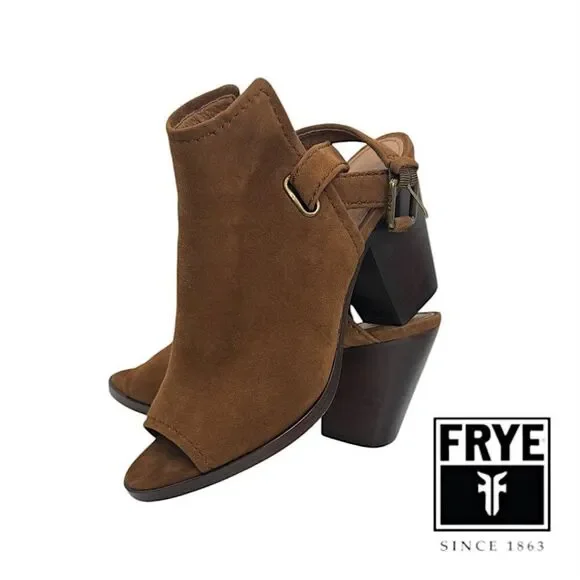 FRYE Dani Shield Slingback Mule Sandals Brown Khaki Suede Peep-Toe 7.5M EUC+ - Picture 4 of 14